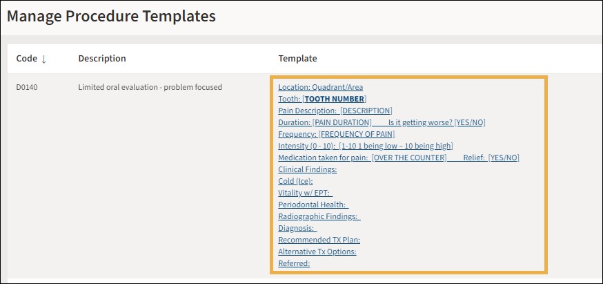 Manage Procedure Template with a yellow highlight box around the Template hyperlink.